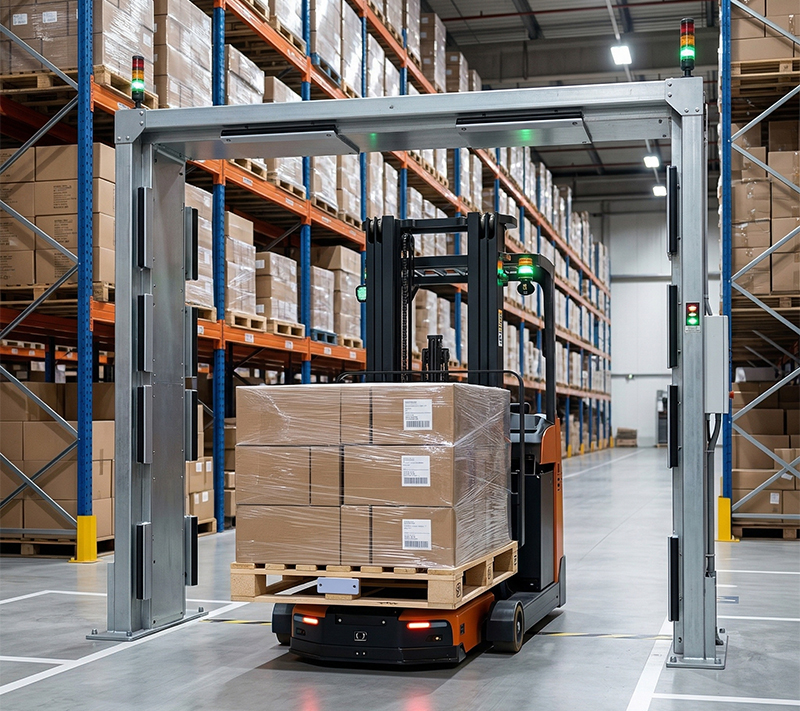 Automated Warehouse Forklift Passing Through RFID Portal Gate
