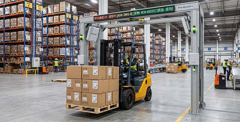 A busy modern logistics hub with a forklift moving pallets loaded with inventory through an automated RFID reader portal, illustrating how to use RFID for inventory tracking.