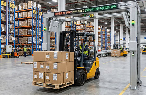 A busy modern logistics hub with a forklift moving pallets loaded with inventory through an automated RFID reader portal, illustrating how to use RFID for inventory tracking.