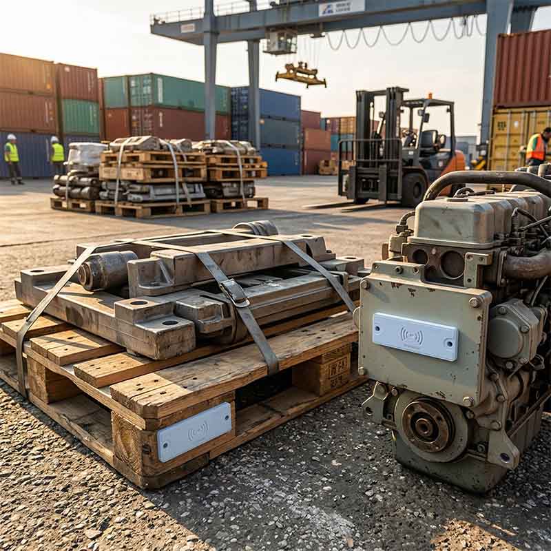 A close-up photo in an outdoor shipping yard showing durable, waterproof RFID tags attached to heavy industrial assets and shipping pallets as part of an RFID asset tracking system and robust logistics solutions.