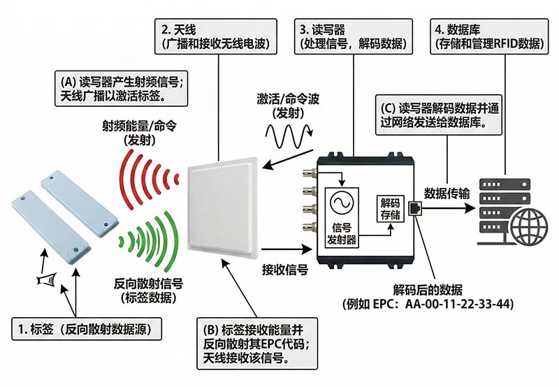 A step-by-step diagram showing how RFID technology works between tags and readers