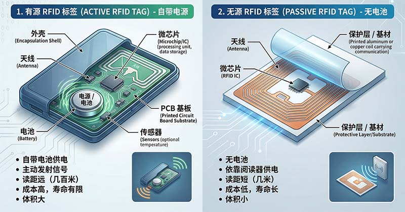 Comparison chart showing what does RFID do differently in active versus passive tags