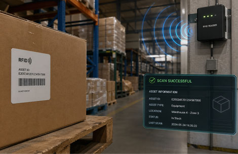 RFID sticker used for asset tracking in warehouse