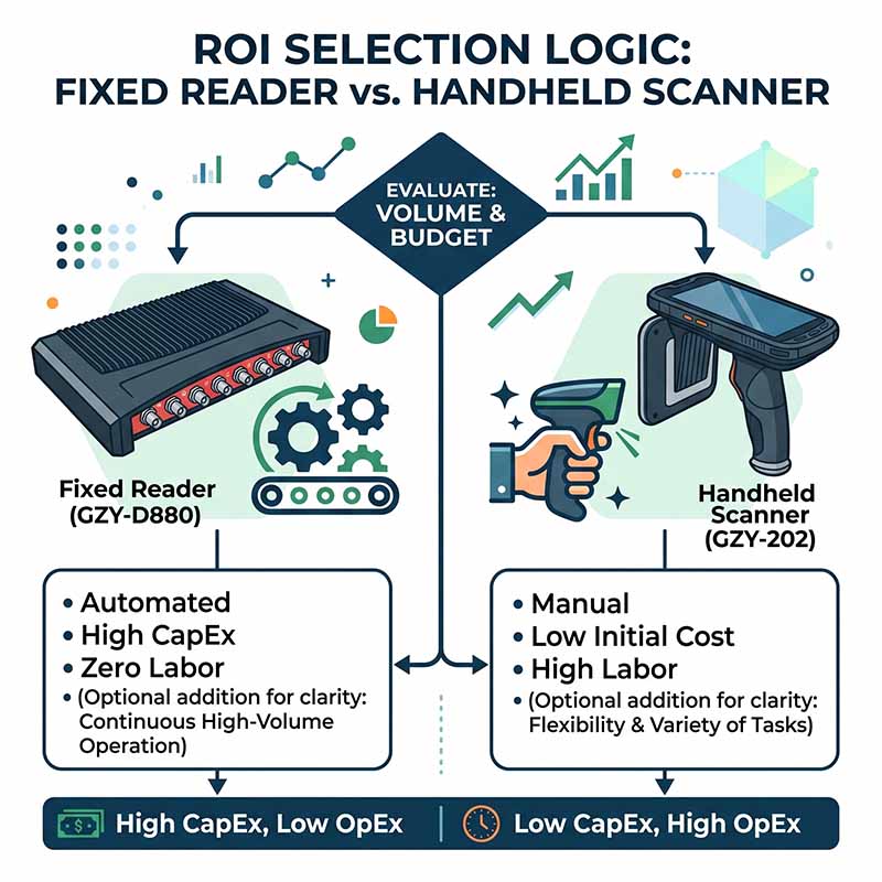 ROI comparison chart between automated fixed RFID infrastructure and manual handheld scanners.