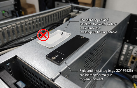 Rugged anti-metal RFID tags mounted on industrial equipment to prevent signal interference.