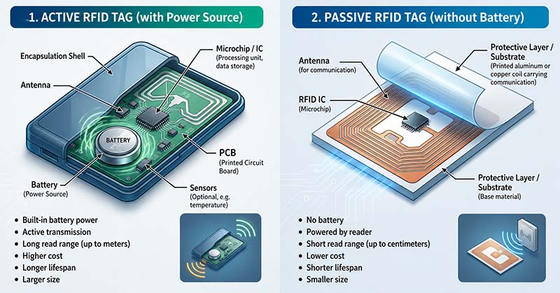 Comparison chart showing what does RFID do differently in active versus passive tags