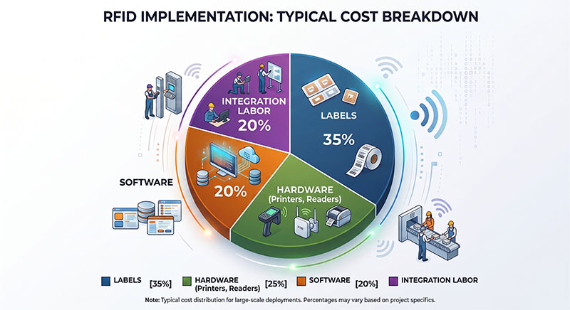 Pie chart illustrating the true rfid stickers cost alongside hidden implementation expenses like rfid printers and software.