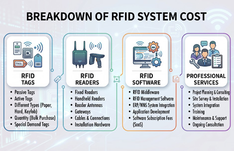 Infographic illustrating RFID system hardware and software cost components