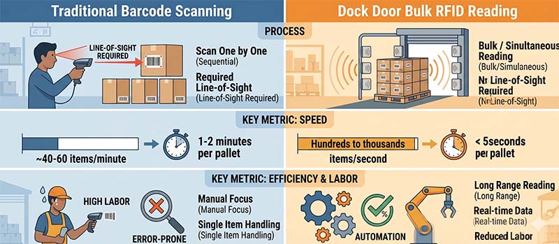An infographic comparing the efficiency of traditional manual barcode scanning versus automated bulk RFID reading at a warehouse dock door, demonstrating how to use RFID for inventory tracking and improved stock management.