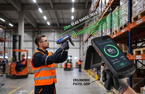 Worker using InfoWise GZY-202 handheld RFID reader for inventory cycle counting