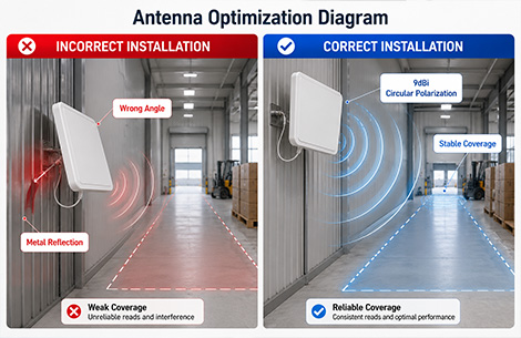 Correct RFID antenna installation to increase RFID range and reduce metal interference