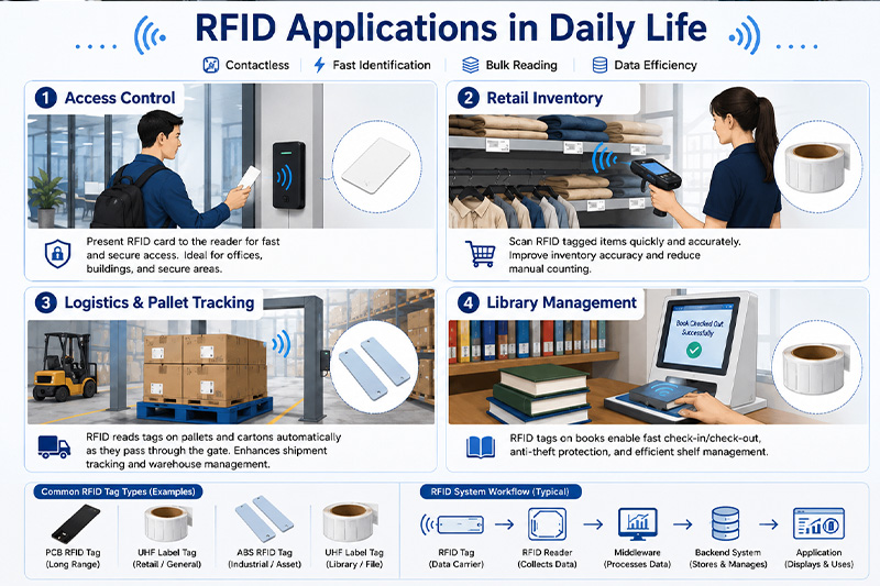 Applications of RFID in daily life from access control to retail and logistics.